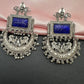 Chandbali AD Color Carved Stone Oxidized German Silver Earrings - Blue