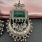 Chandbali AD Color Carved Stone Oxidized German Silver Earrings - Green