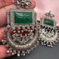 Chandbali AD Color Carved Stone Oxidized German Silver Earrings - Green