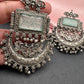 Chandbali AD Color Carved Stone Oxidized German Silver Earrings - LightGreen