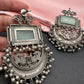 Chandbali AD Color Carved Stone Oxidized German Silver Earrings - LightGreen