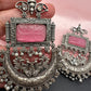 Chandbali AD Color Carved Stone Oxidized German Silver Earrings - Pink