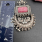 Chandbali AD Color Carved Stone Oxidized German Silver Earrings - Pink