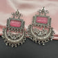 Chandbali AD Color Carved Stone Oxidized German Silver Earrings - Pink