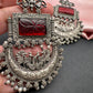 Chandbali AD Color Carved Stone Oxidized German Silver Earrings - Red