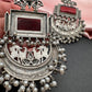 Chandbali AD Color Carved Stone Oxidized German Silver Earrings - Red