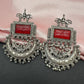 Chandbali AD Color Carved Stone Oxidized German Silver Earrings - Red