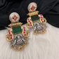 Goddess Lakshmi Red Green Jadau Kundan Oxidized German Silver Jhumki Earrings