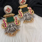 Goddess Lakshmi Red Green Jadau Kundan Oxidized German Silver Jhumki Earrings