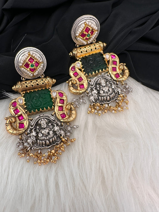 Goddess Lakshmi Red Green Jadau Kundan Oxidized German Silver Jhumki Earrings
