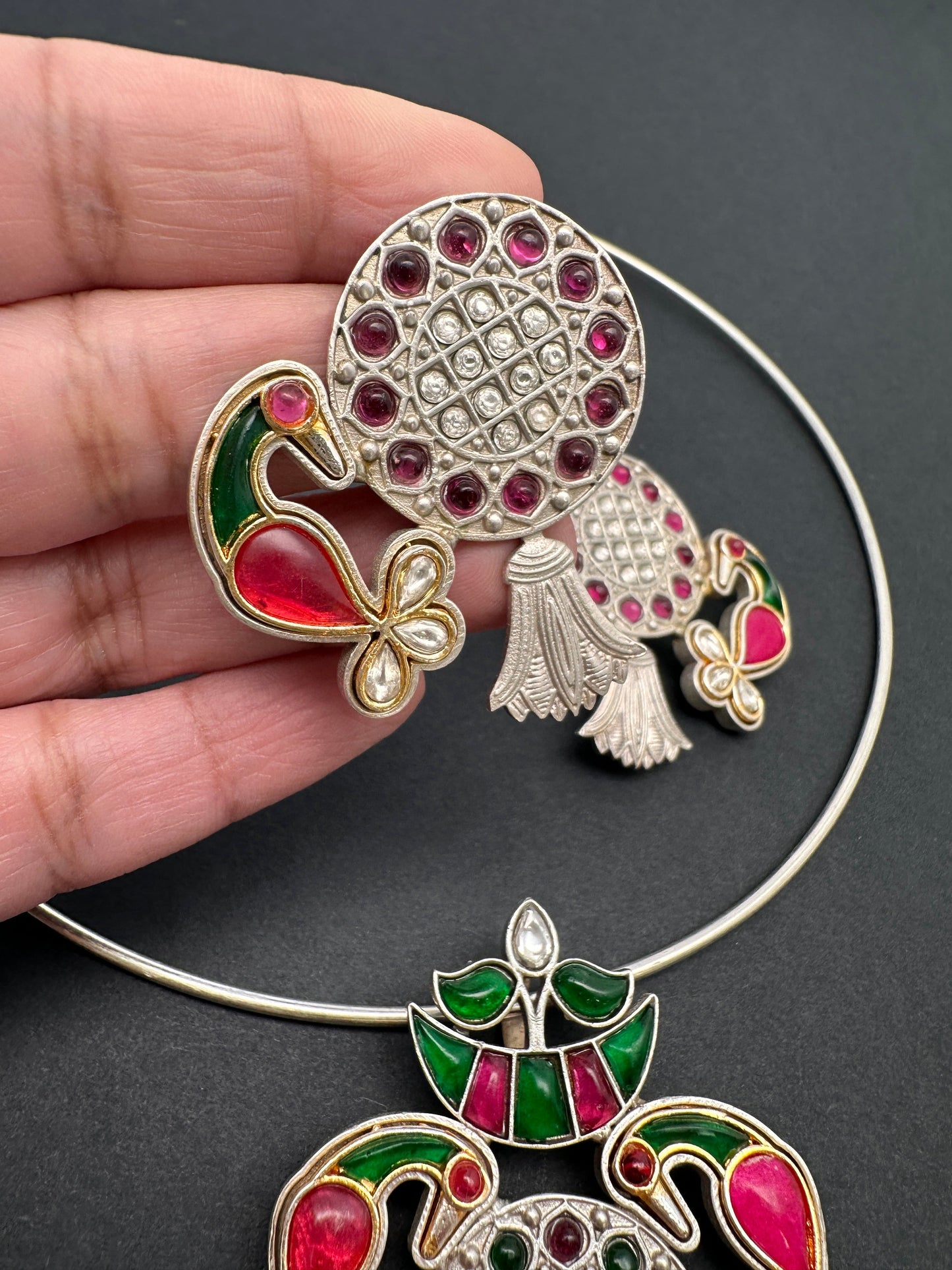 Kundan German Silver Oxidized Hasli Necklace - Pink