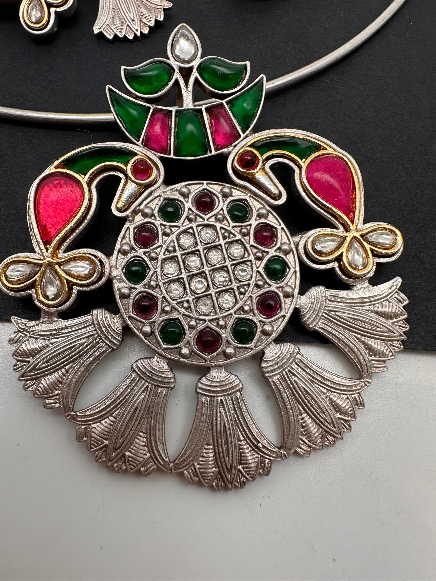 Kundan German Silver Oxidized Hasli Necklace - Pink