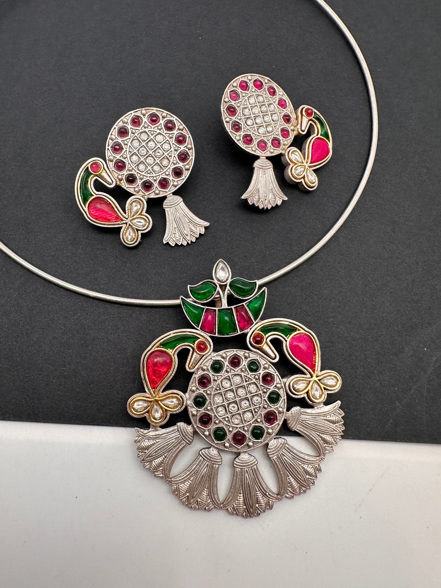 Kundan German Silver Oxidized Hasli Necklace - Pink