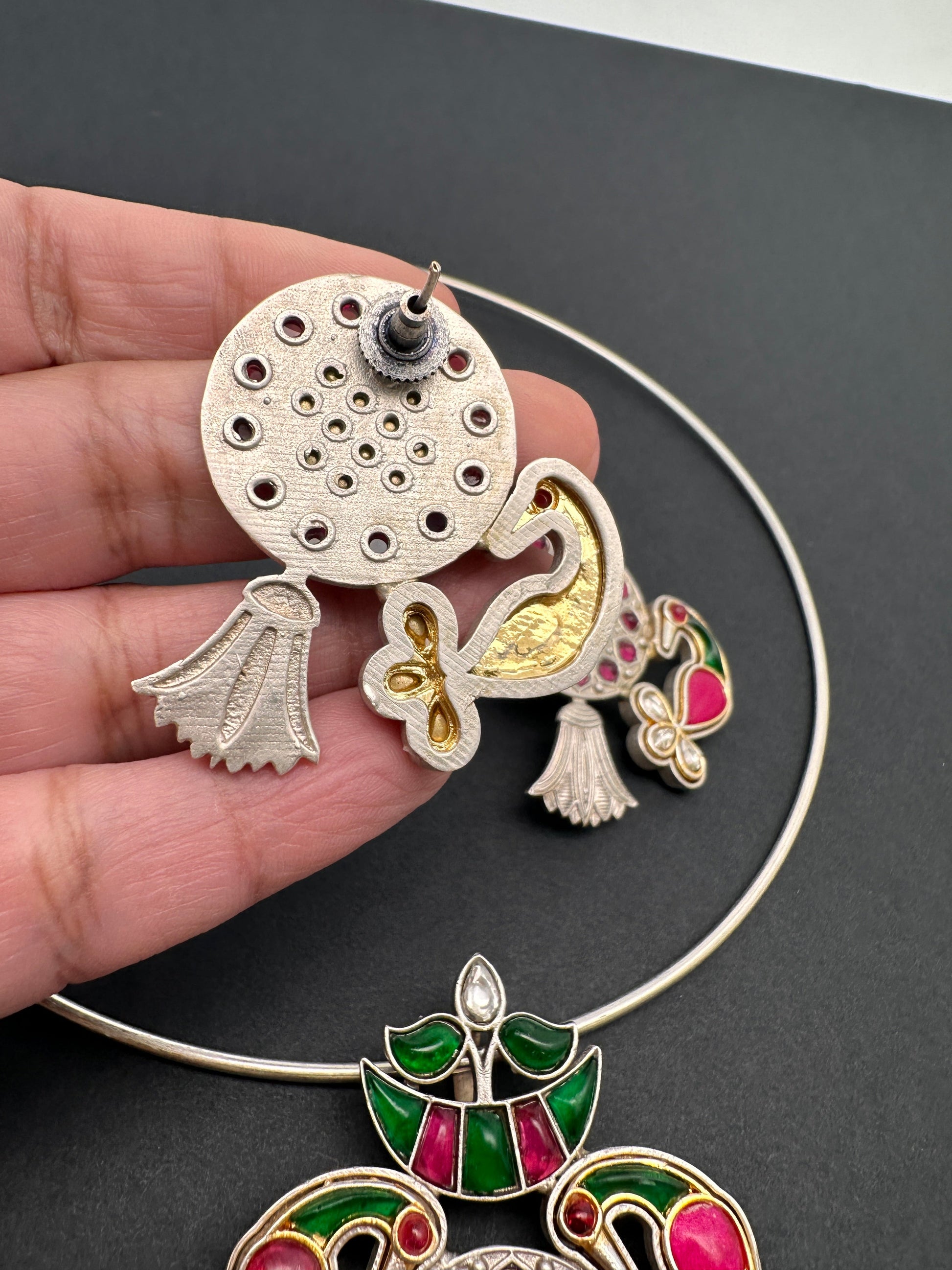 Kundan German Silver Oxidized Hasli Necklace - Pink