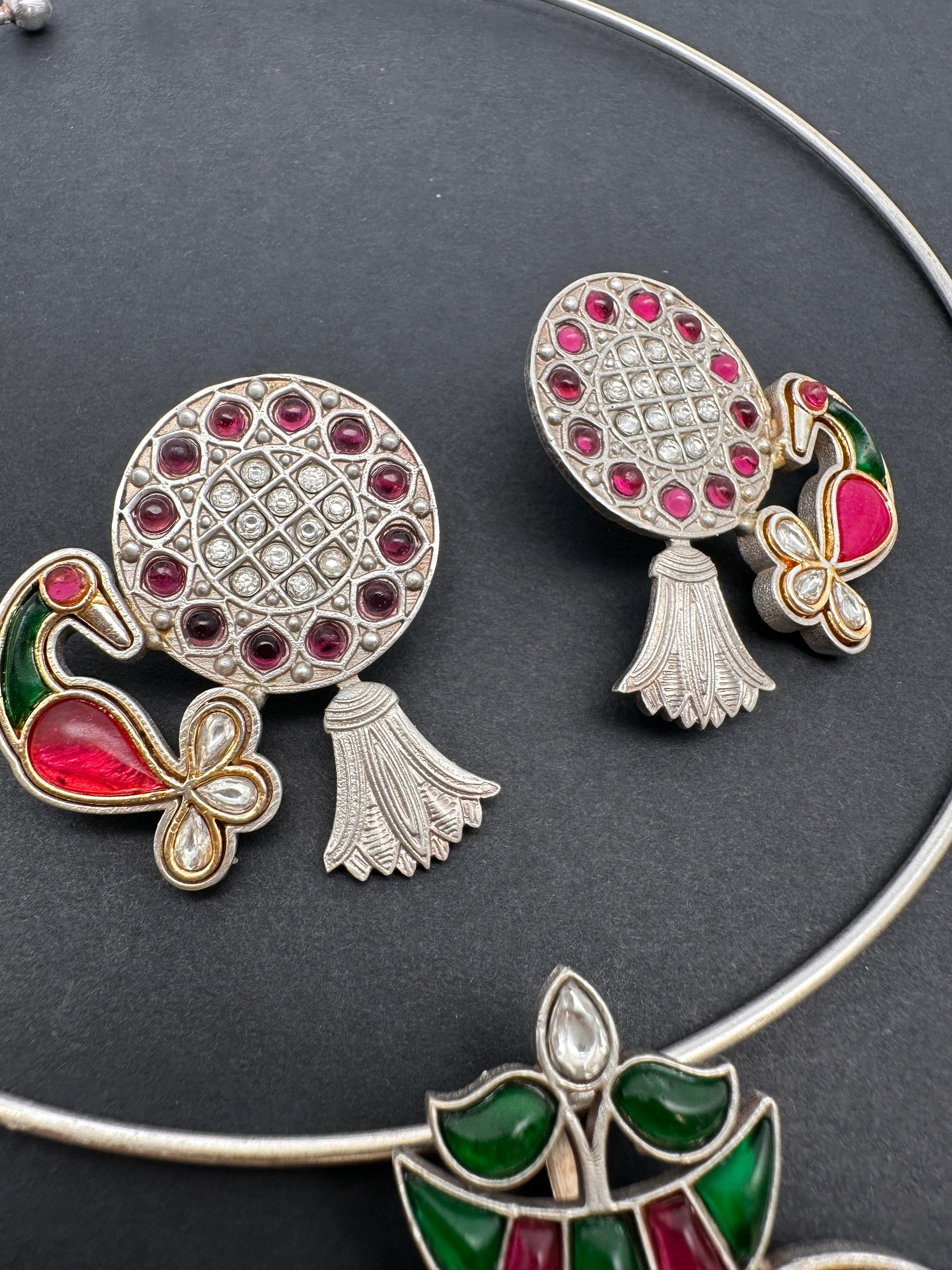 Kundan German Silver Oxidized Hasli Necklace - Pink