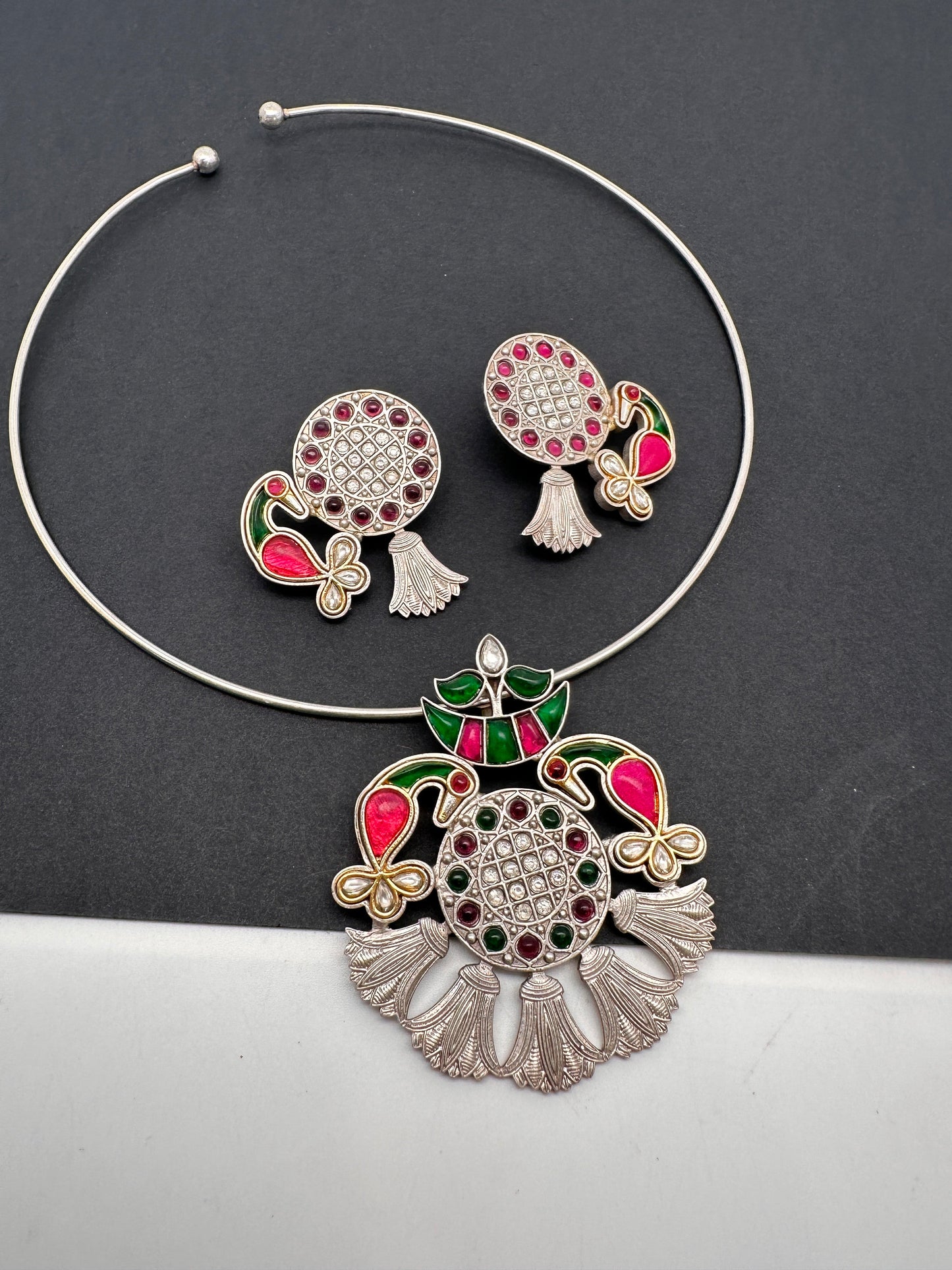 Kundan German Silver Oxidized Hasli Necklace - Pink