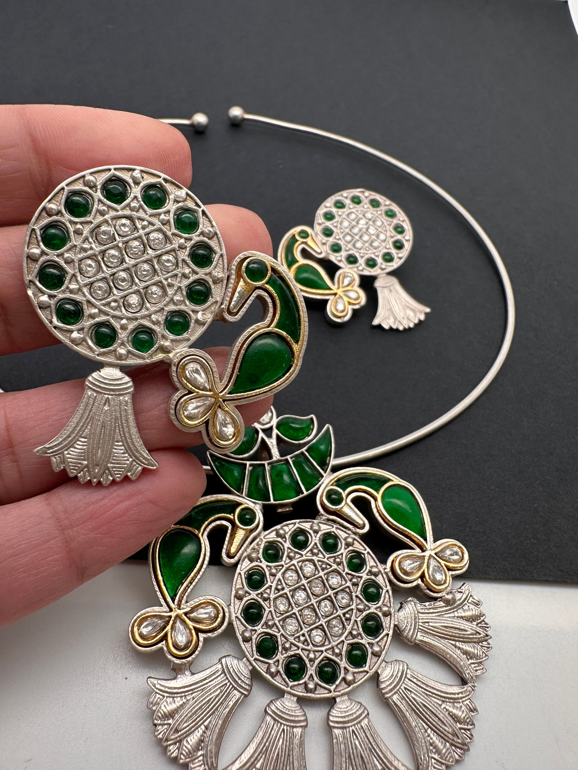 Kundan German Silver Oxidized Hasli Necklace - Green