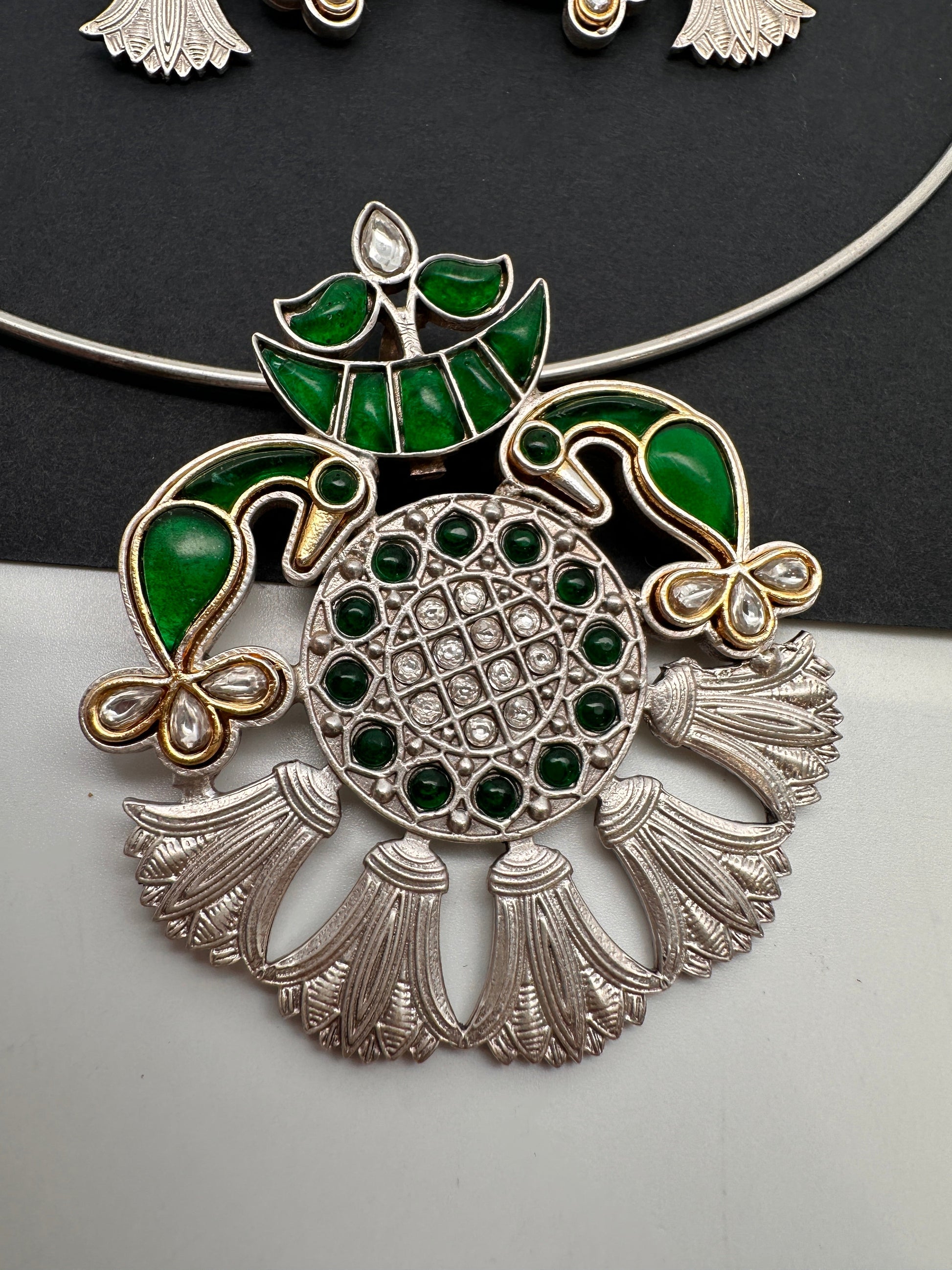 Kundan German Silver Oxidized Hasli Necklace - Green
