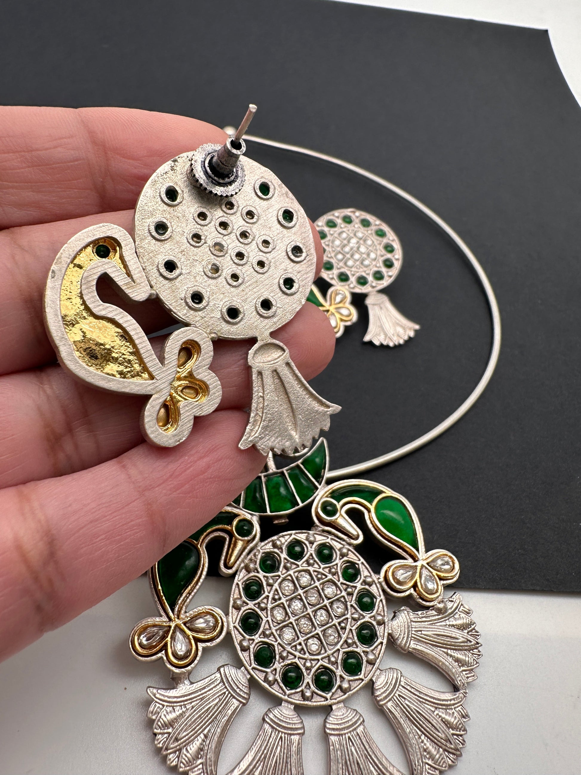 Kundan German Silver Oxidized Hasli Necklace - Green