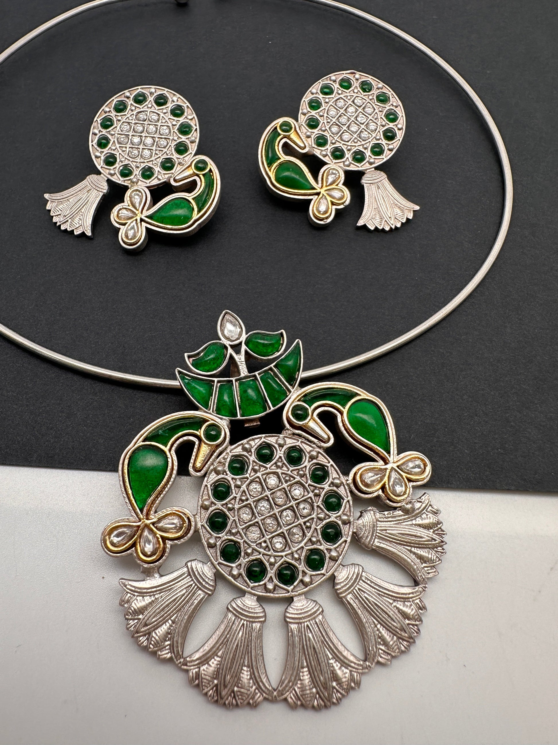 Kundan German Silver Oxidized Hasli Necklace - Green