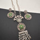 Kundan German Silver Oxidized Silver Replica Color Stone Necklace Set - Green