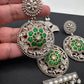 Kundan German Silver Oxidized Silver Replica Color Stone Necklace Set - Green