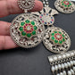 Kundan German Silver Oxidized Silver Replica Color Stone Necklace Set - Pink