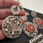 Kundan German Silver Oxidized Silver Replica Color Stone Necklace Set - Red