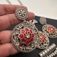 Kundan German Silver Oxidized Silver Replica Color Stone Necklace Set - Red
