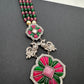 Kundan German Silver Oxidized Silver Replica Color Stone Pearls Beads Rani Haar Necklace Set - Pink