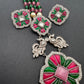 Kundan German Silver Oxidized Silver Replica Color Stone Pearls Beads Rani Haar Necklace Set - Pink