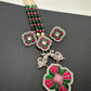 Kundan German Silver Oxidized Silver Replica Color Stone Pearls Beads Rani Haar Necklace Set - Pink
