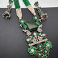 Kundan German Silver Oxidized Silver Replica Color Stone Pearls Beads Rani Haar Necklace Set - Green
