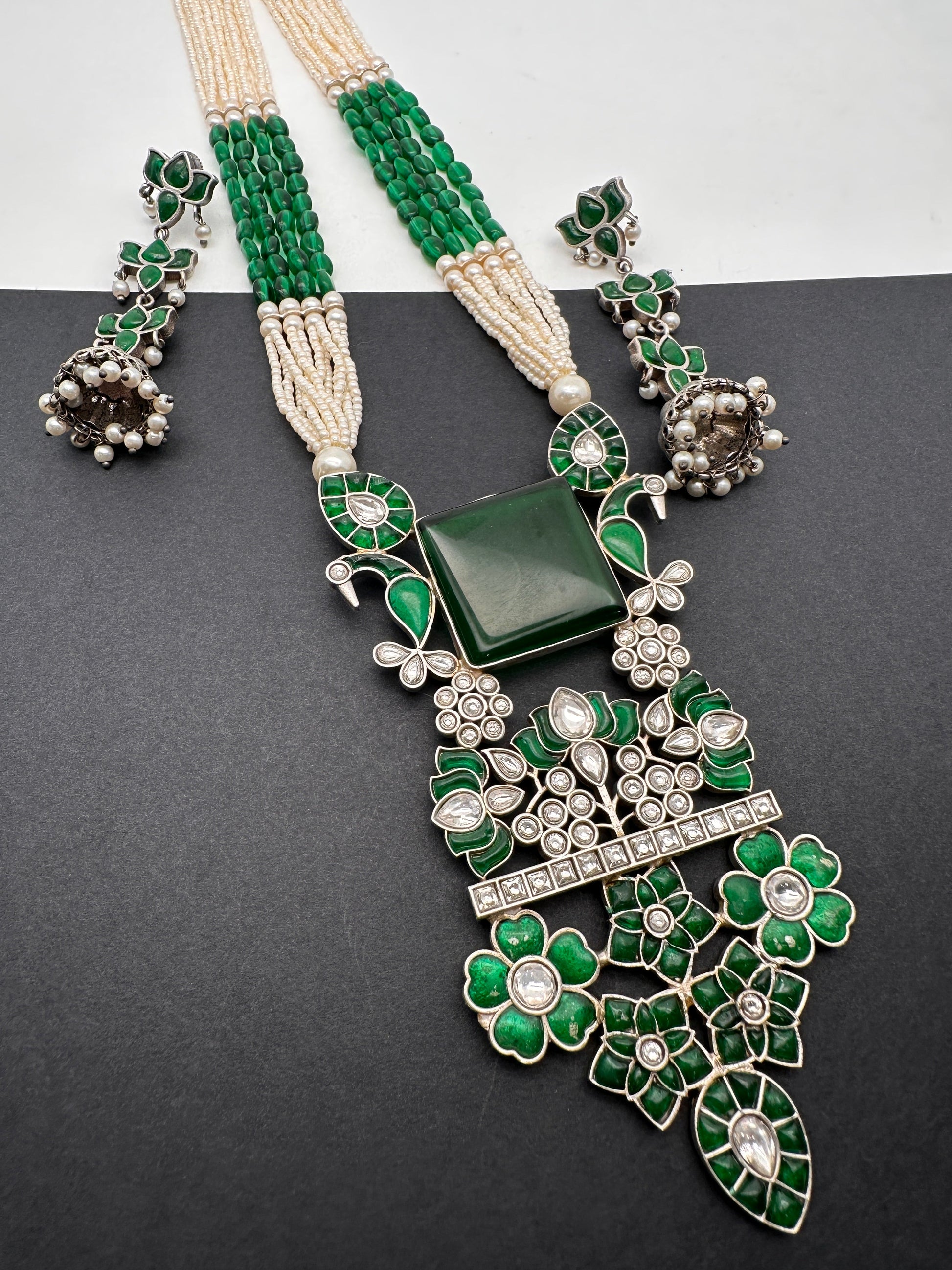 Kundan German Silver Oxidized Silver Replica Color Stone Pearls Beads Rani Haar Necklace Set - Green