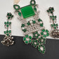 Kundan German Silver Oxidized Silver Replica Color Stone Pearls Beads Rani Haar Necklace Set - Green