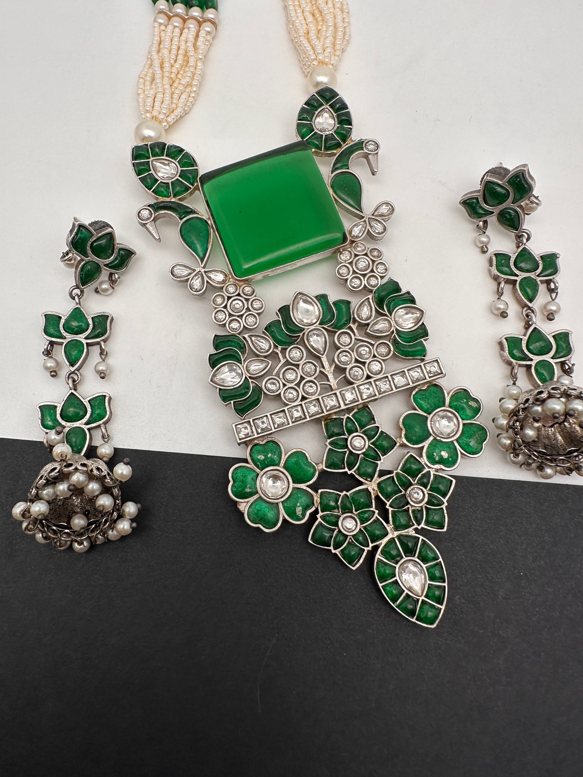 Kundan German Silver Oxidized Silver Replica Color Stone Pearls Beads Rani Haar Necklace Set - Green