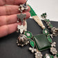 Kundan German Silver Oxidized Silver Replica Color Stone Pearls Beads Rani Haar Necklace Set - Green