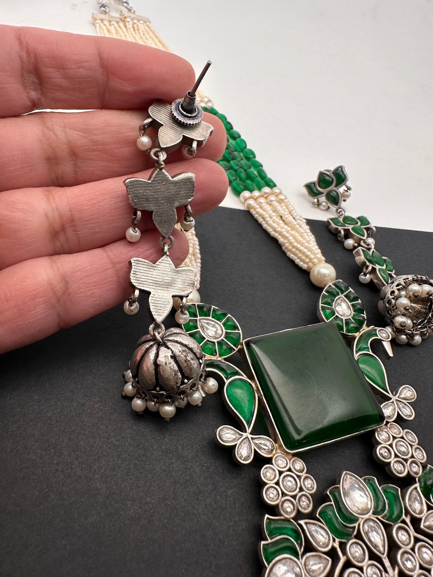 Kundan German Silver Oxidized Silver Replica Color Stone Pearls Beads Rani Haar Necklace Set - Green