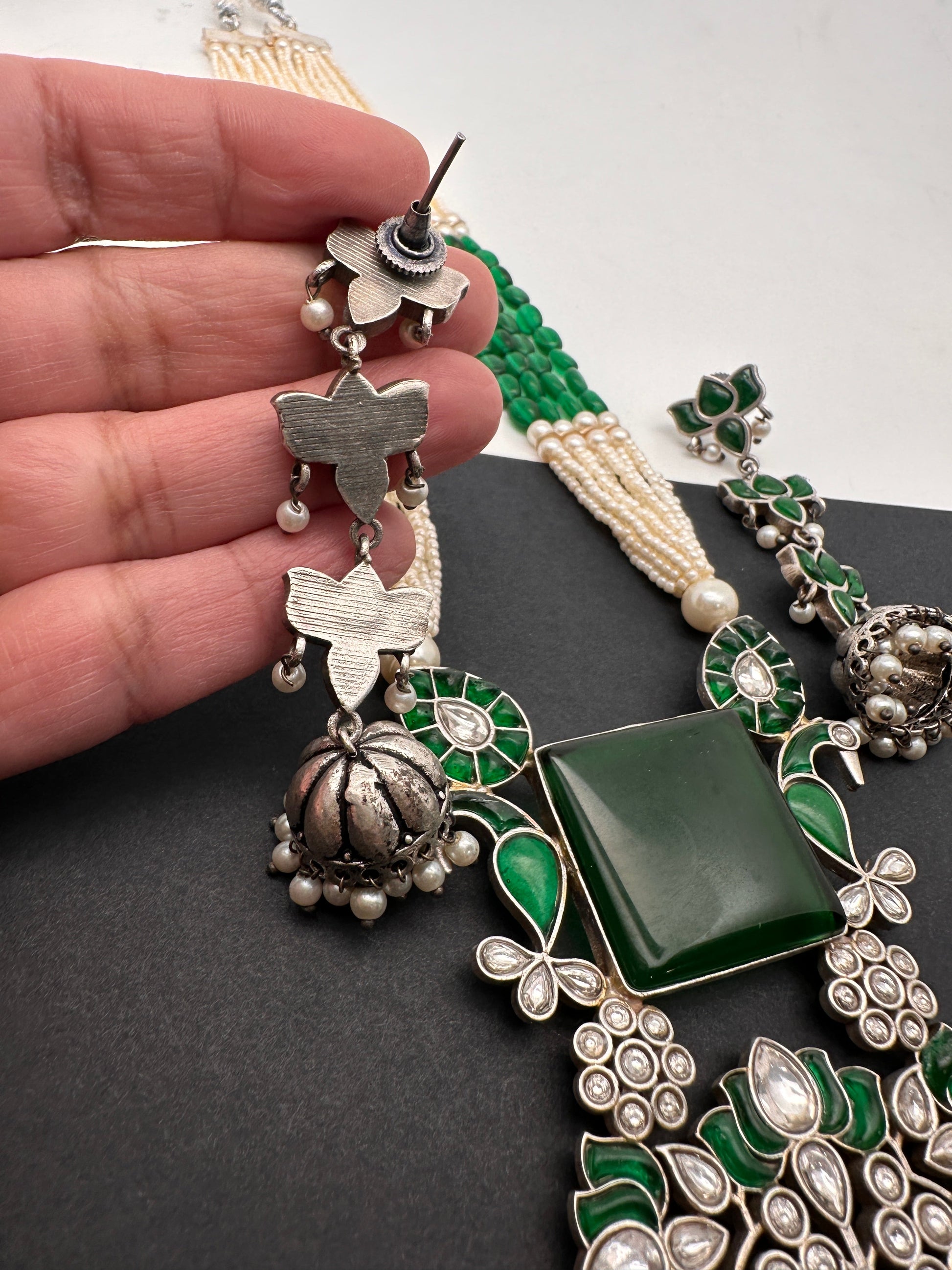 Kundan German Silver Oxidized Silver Replica Color Stone Pearls Beads Rani Haar Necklace Set - Green