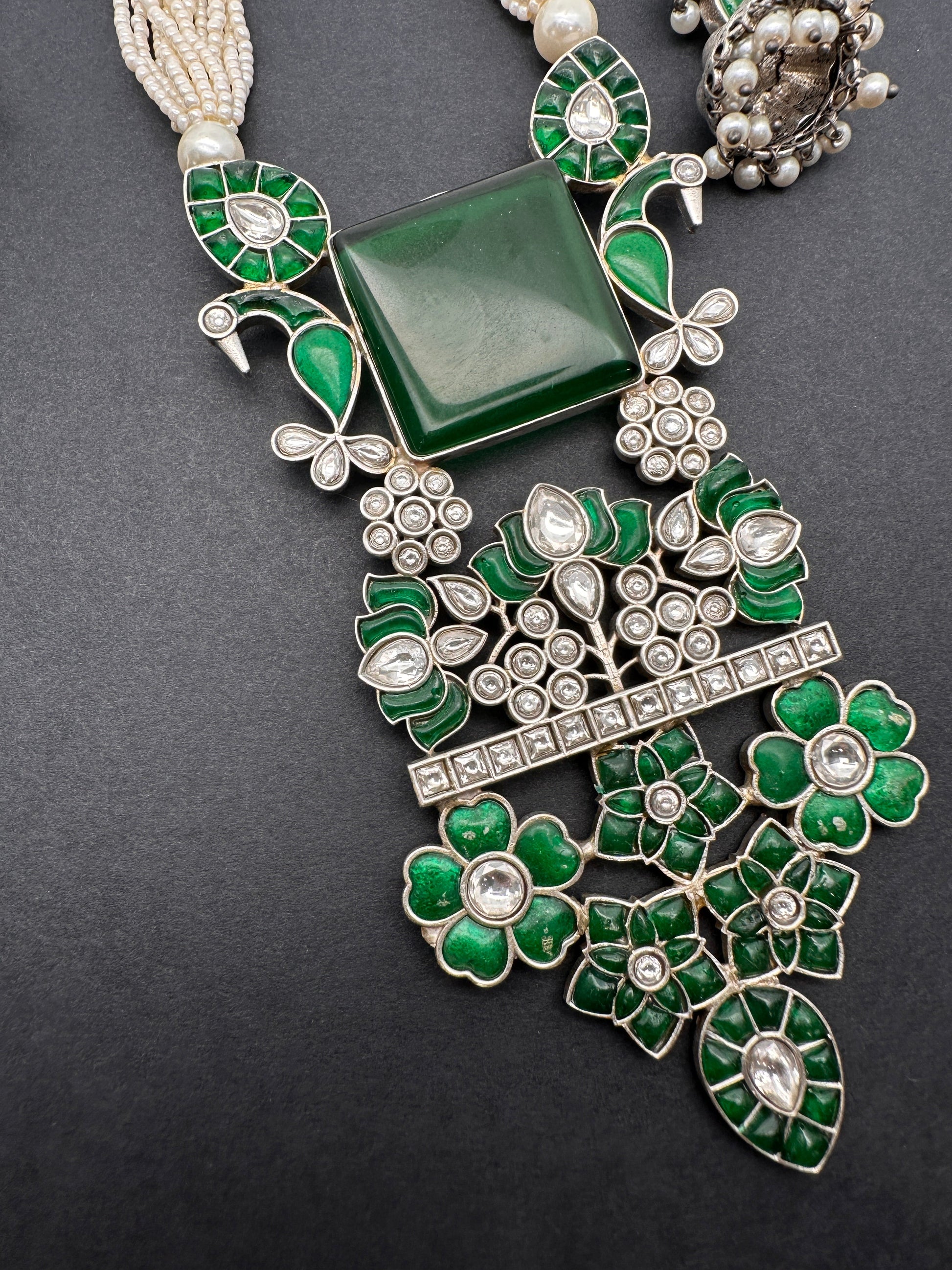 Kundan German Silver Oxidized Silver Replica Color Stone Pearls Beads Rani Haar Necklace Set - Green