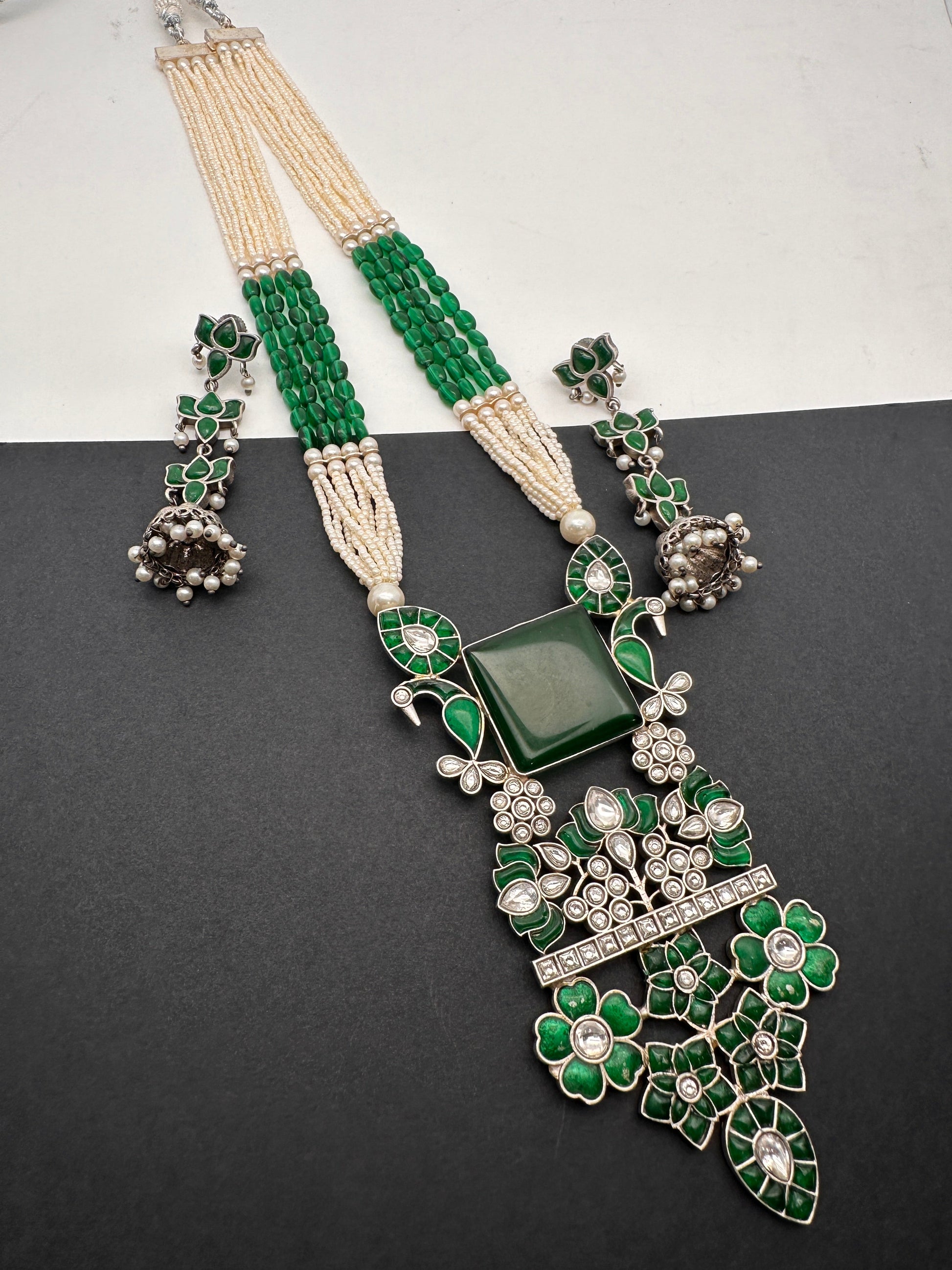 Kundan German Silver Oxidized Silver Replica Color Stone Pearls Beads Rani Haar Necklace Set - Green