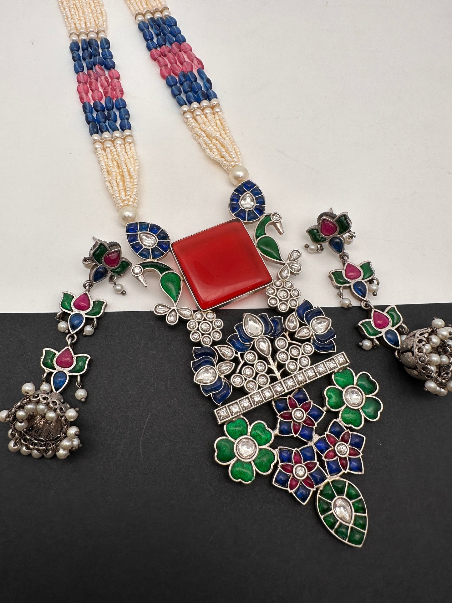 Kundan German Silver Oxidized Silver Replica Color Stone Pearls Beads Rani Haar Necklace Set - Red