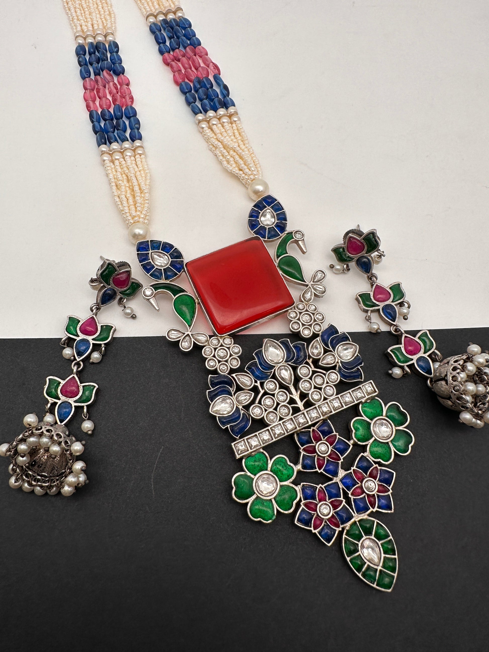 Kundan German Silver Oxidized Silver Replica Color Stone Pearls Beads Rani Haar Necklace Set - Red