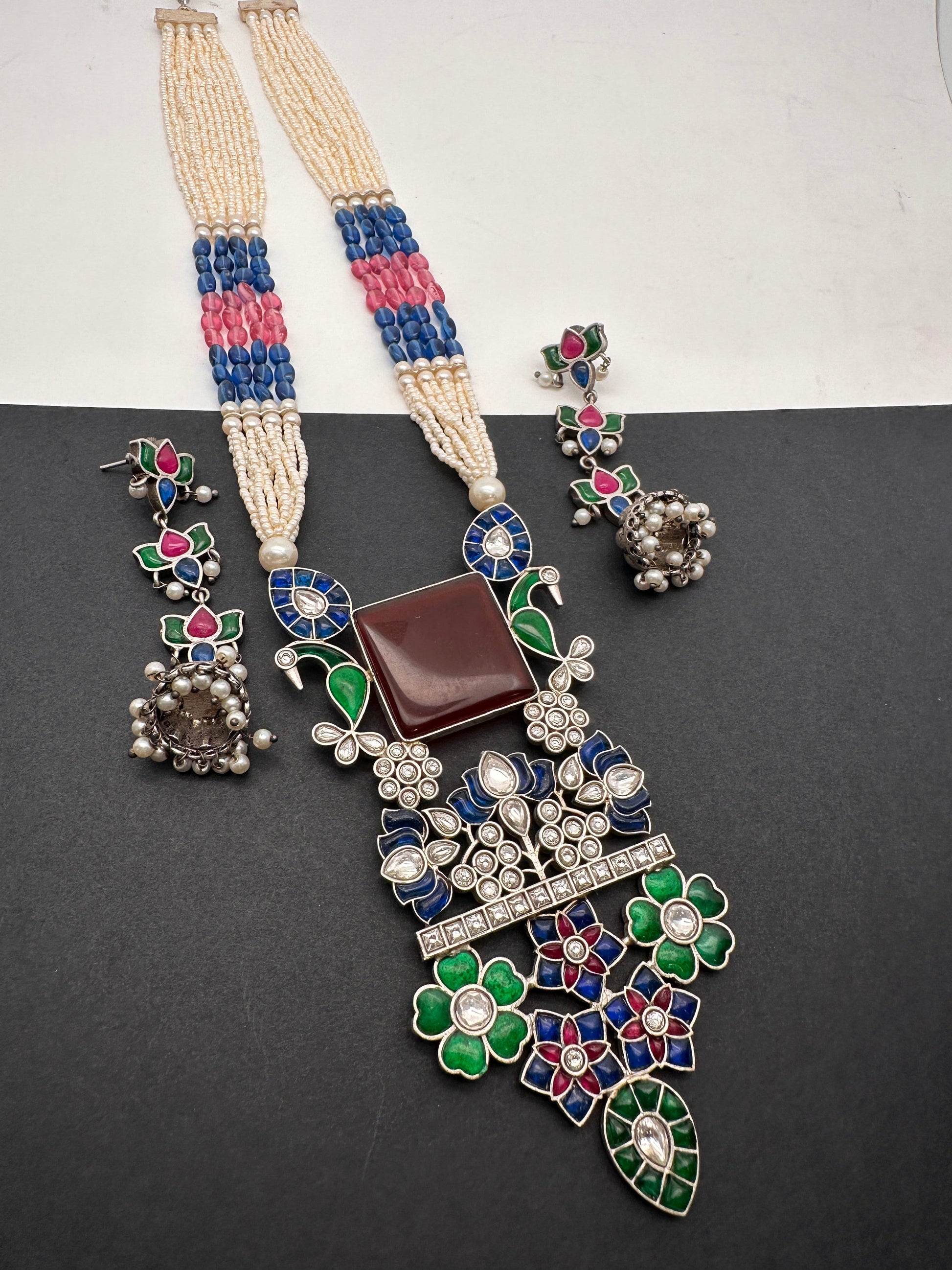 Kundan German Silver Oxidized Silver Replica Color Stone Pearls Beads Rani Haar Necklace Set - Red