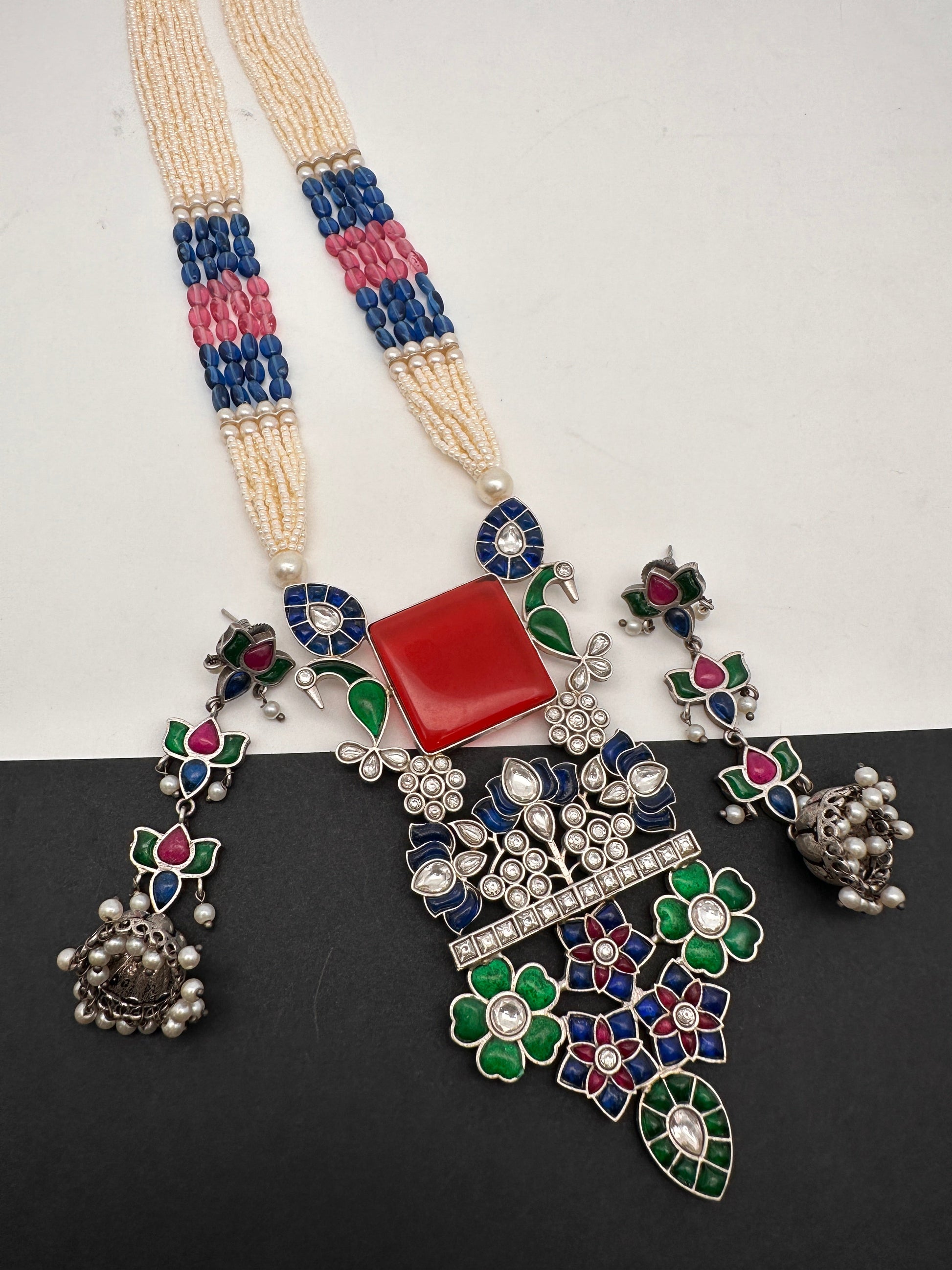 Kundan German Silver Oxidized Silver Replica Color Stone Pearls Beads Rani Haar Necklace Set - Red