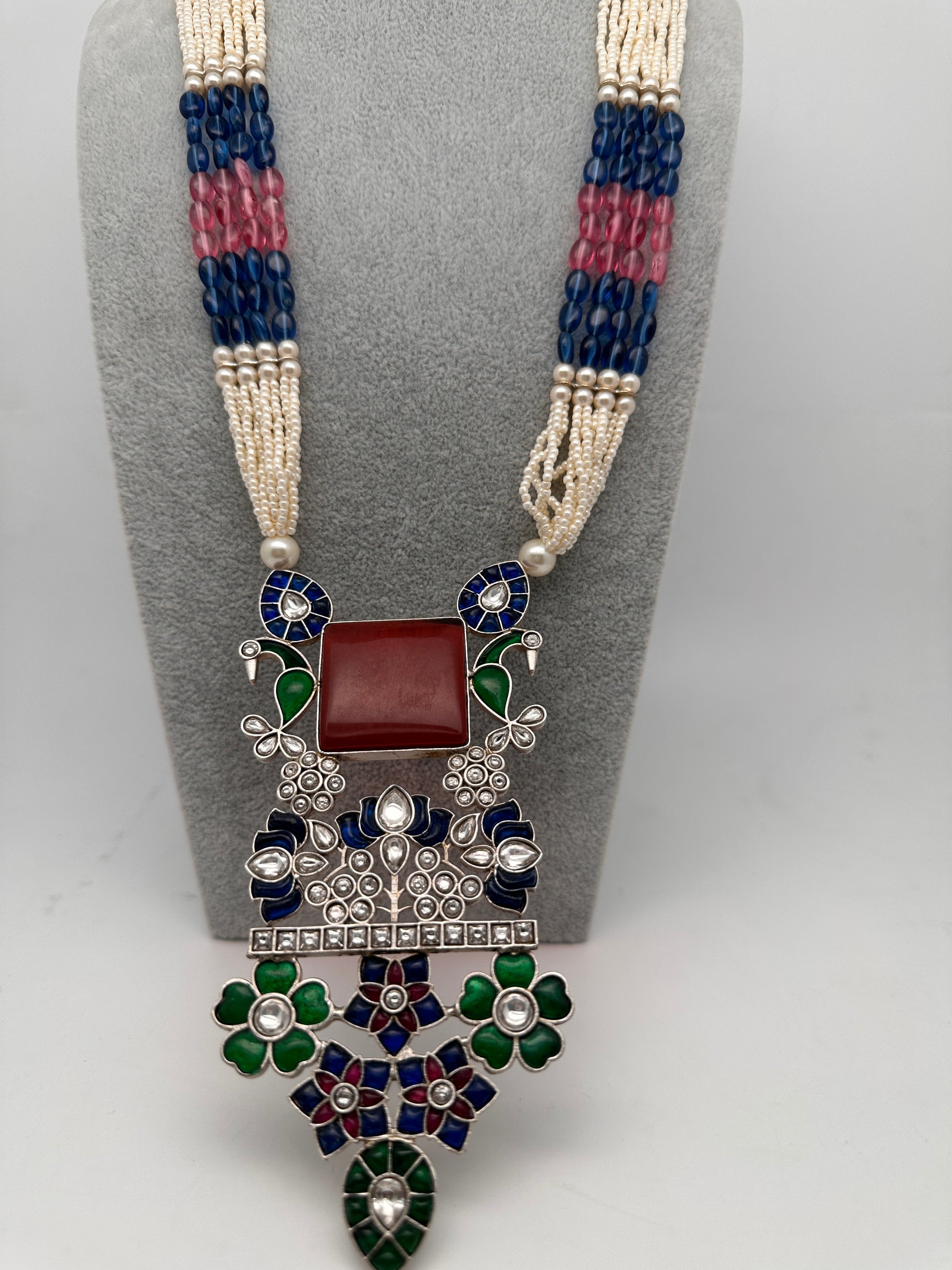 Kundan German Silver Oxidized Silver Replica Color Stone Pearls Beads Rani Haar Necklace Set - Red