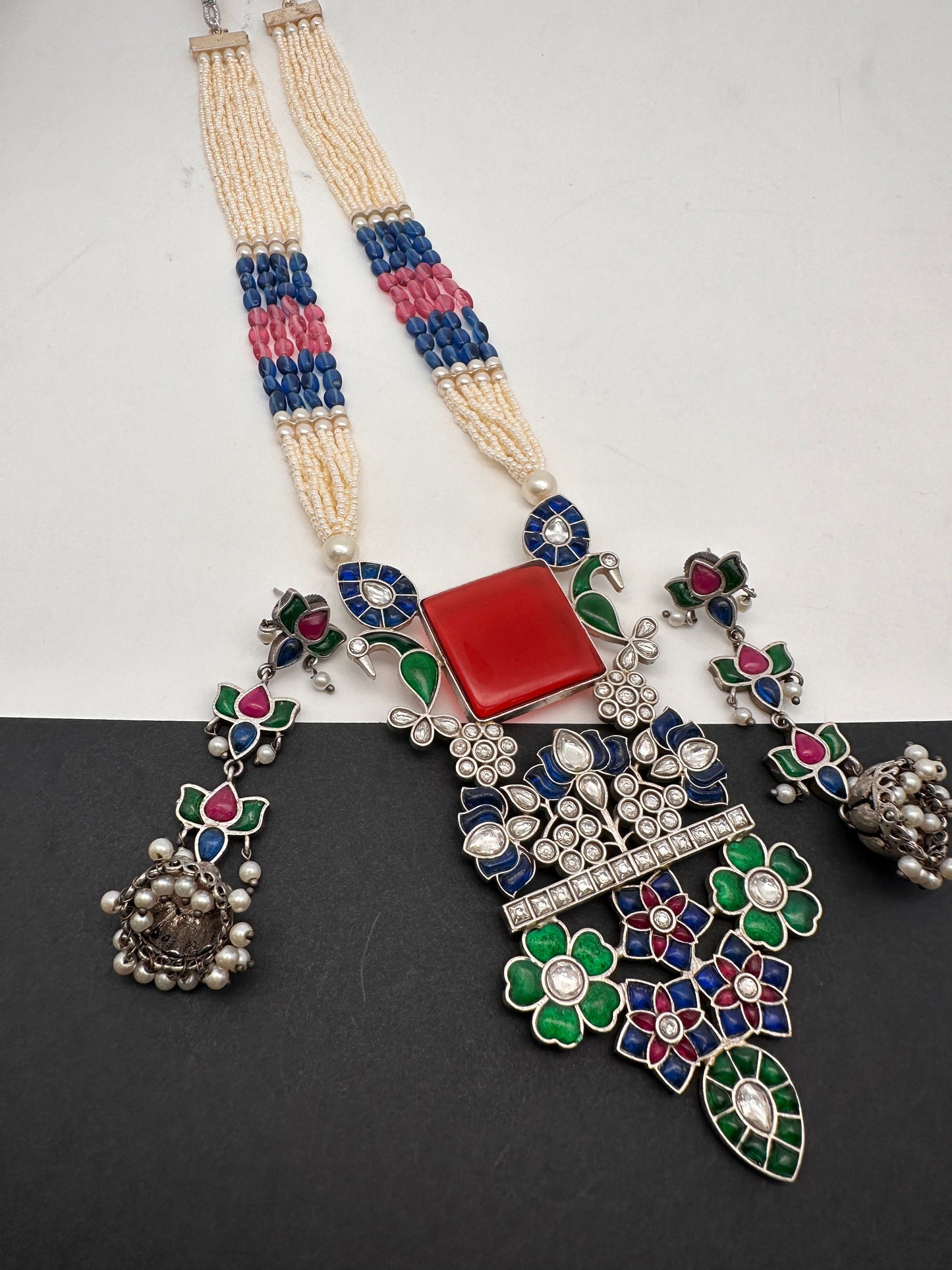 Kundan German Silver Oxidized Silver Replica Color Stone Pearls Beads Rani Haar Necklace Set - Red