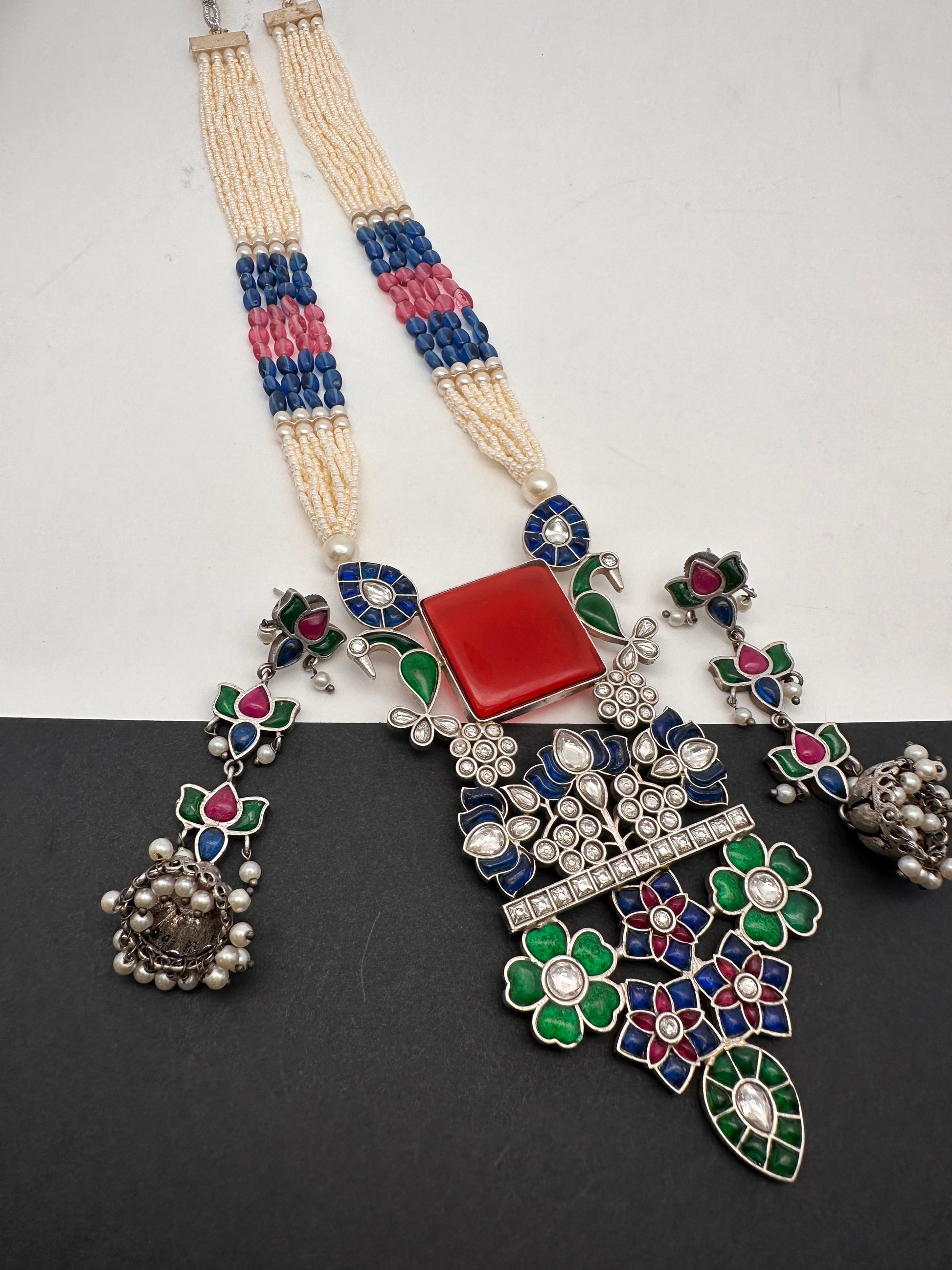 Kundan German Silver Oxidized Silver Replica Color Stone Pearls Beads Rani Haar Necklace Set - Red
