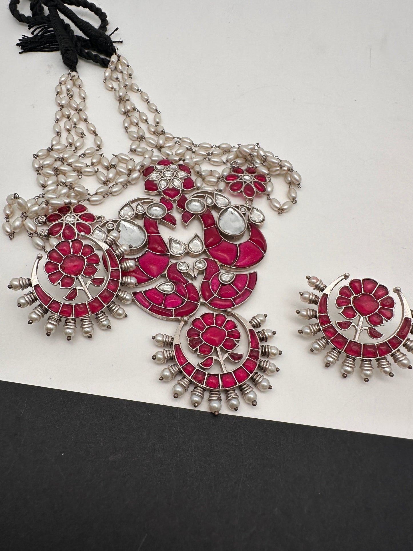 Kundan German Silver Oxidized Silver Replica Peacock Design Red Stone Rice Pearls Rani Haar Necklace Set
