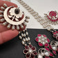 Kundan German Silver Oxidized Silver Replica Peacock Design Red Stone Rice Pearls Rani Haar Necklace Set